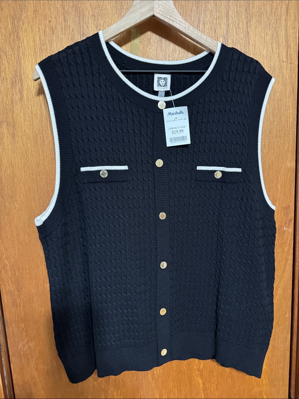 Anne Klein Black Sleeveless Cardigan with White Trim